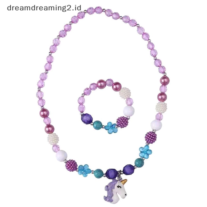 (drea) 1set Lucu Kartun Unicorn Hujan Kalung Gelang Untuk Gadis Lucu Liontin Aksesoris Fashion Mermaid Princess Perhiasan//