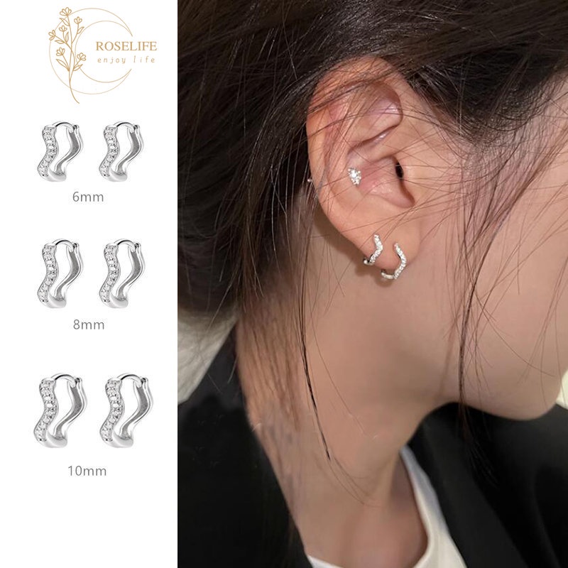 Roselife S925 Perak6 /8 /10mm Zirkon Berkilau Gelombang Lingkaran Hoop Anting-Anting Untuk Wanita Perempuan Elegan Memutar Anting Bulat Korea Fashion Perhiasan Telinga 1pasang