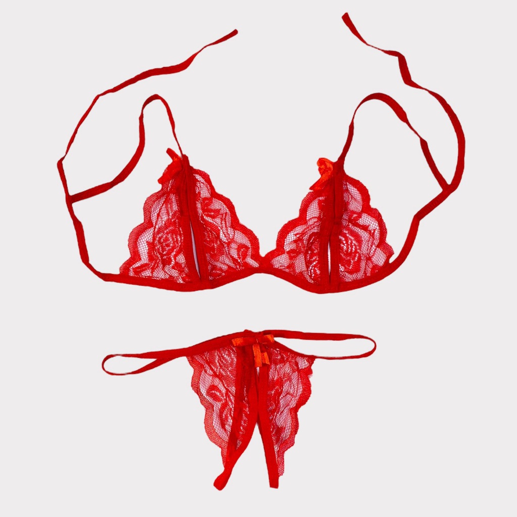 Lingerie Bra Set Renda Bunga Motif Pita Pakaian Dalam Wanita Korea Bahan Lace G-String Transparant Women Bra sexy-HC12773 MERAH