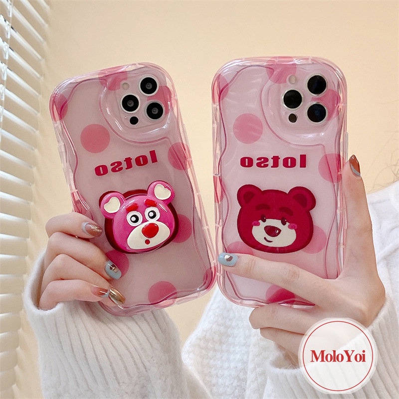 IPHONE 3d Wave Point Kartun Strawberry Bear Cute Case Kompatibel Untuk Iphone11 14 13 12 Pro Max 6 7 6s 8 Plus XR X XS Max 7Plus SE 2020 Wavy Curved Edge Glossy Shockproof Shell Cover