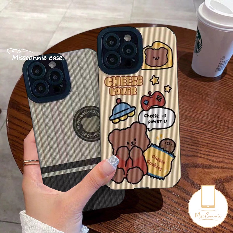 Casing Ponsel Beruang Kartun Lucu Kompatibel Untuk iPhone 7Plus 11 13 14 12 Pro MAX X XR 7 8 Plus XS MAX Fashion Rajut Pola Garis Tekstur Kulit Mewah Silikon Soft Cover