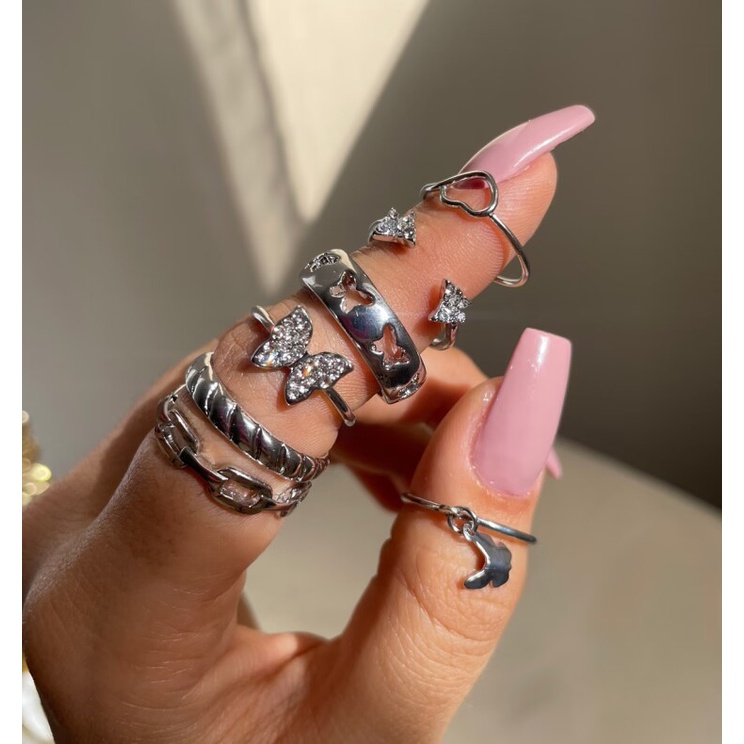 7pcs/set Cincin Berlian Untuk Wanita Berongga Zirkon Kupu-Kupu Hati Twist Rings Aksesoris Perhiasan