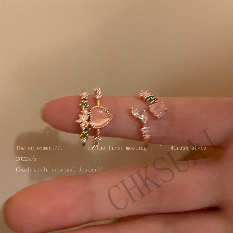 Cincin Bunga Wanita Ganda Hati Zirkon Terbuka Cincin Perempuan Desain Manis Niche Adjustable Ring