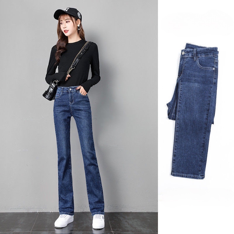 Celana Jeans Lurus Korea Wanita High Waist Baru Longgar Lurus Elastis Celana Panjang