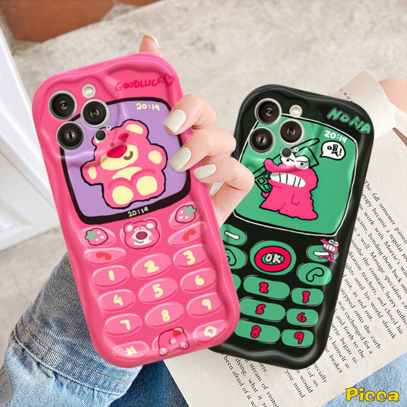 Untuk Redmi A1 A2 10 10C 10A 9A 9T 9 9C NFC Note 10s 11s 11 10 Pro Max Plus 10Pro POCO M3 Pasangan Crocodile Lucu Kartun Strawberry Bear 3D Wavy Curved Edge Creative Phone Button Case