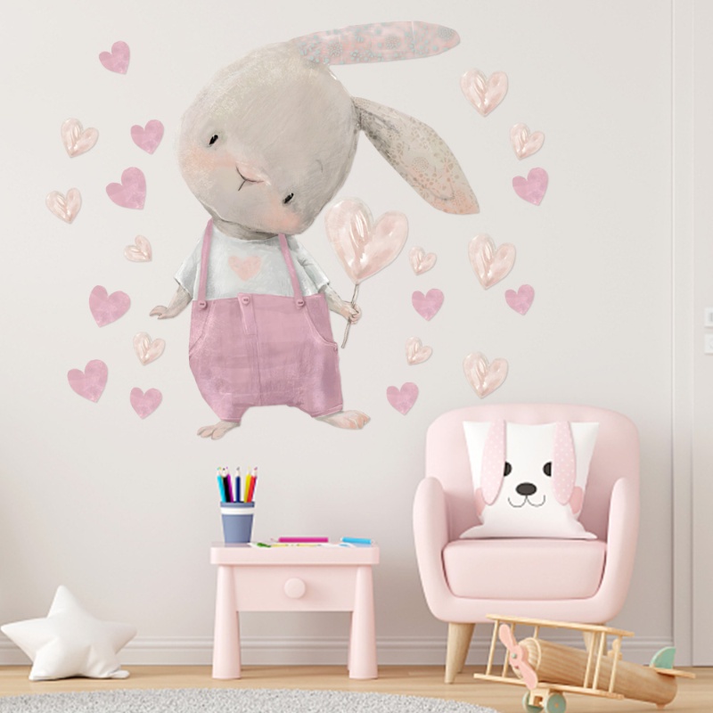 60*40cm Kamar Anak Hias Lucu Bunny Hearts Wall Sticker/Nursery Kawaii Kartun Kelinci Wallpaper Dekorasi