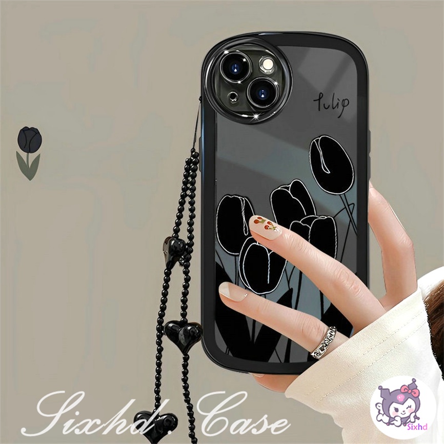 IPHONE Kompatibel Untuk Iphone8 7Plus X Xs Xr Untuk Iphone11 14 13 12 Pro Max SE 2020 Xs Max Fashion Tulip Hitam Silikon Oval Kamera Ponsel Case Soft Cover