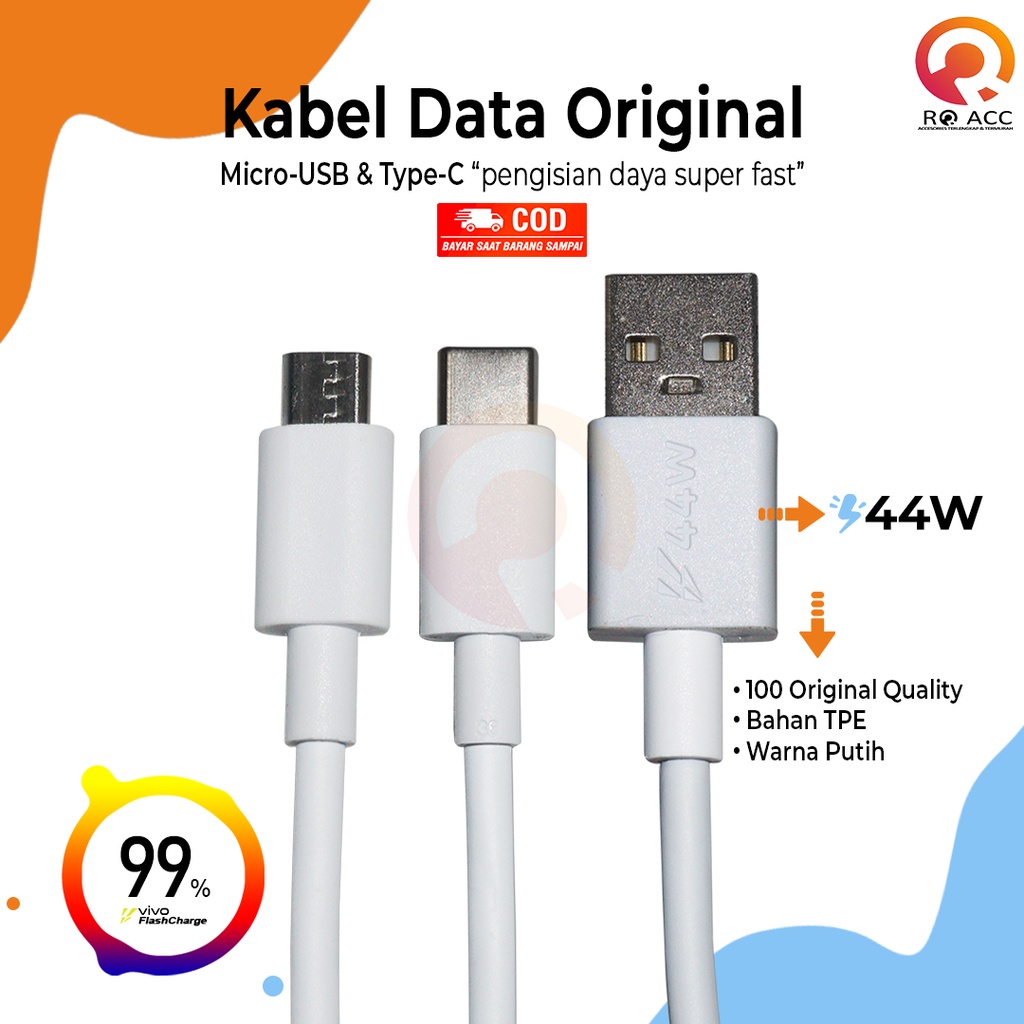 [RO ACC] KABEL DATA VIVO 44W X80 MICRO USB / TYPE C SUPER FAST CHARGING ORIGINAL