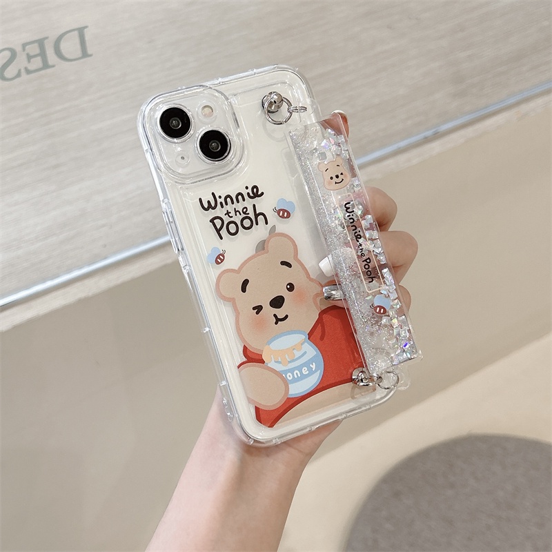 IPHONE Vinnie Bear Transparan Wrist Strap Soft Casing Cocok Untuk Iphone14 13 12 11 Pro Max Kartun Strawberry Bear Mengalir Pergelangan Tangan Strap Pelindung Case