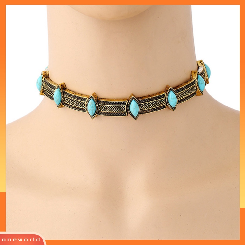 [ONE] Turquoise Gaya Vintage Choker Kerah Alloy Bohemian Adjustable Wanita Kerah Kalung Perhiasan Hadiah