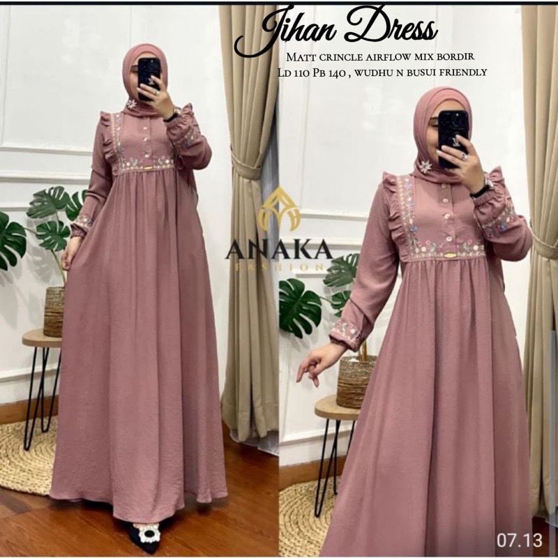 AS JIHAN DRESS / FASHIONMUSLIM WANITA KEKINIAN / GAMIS CRINGKLE BORDIR MEWAH LD110 XL-XXL / GAMIS CA