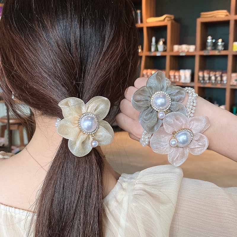 Versi Korea Organza Bunga Mutiara Rambut Cincin Peri Temperamen Aksesoris Rambut Kepala Bunga Ikat Rambut Karet Gelang Kepala Tali Perempuan Hiasan Kepala