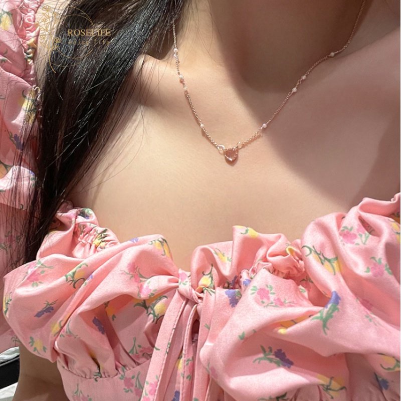 Roselife Korea Halus Mutiara Manik-Manik Rantai Glossy Opal Pink Hati Liontin Kalung Untuk Wanita Perempuan Berlian Imitasi Mengkilap Tulang Selangka Rantai Kalung Perhiasan