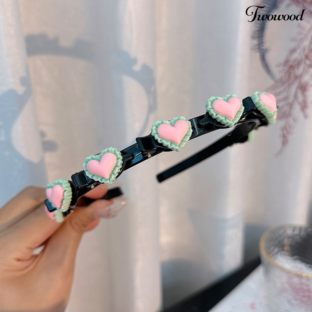 Twowood Lady Headband Non-slip Hias Jantung Dekorasi Narrow Band Warna Kontras Hiasan Rambut Elastis Cuci Muka Lady Hair Hoop Aksesoris Rambut