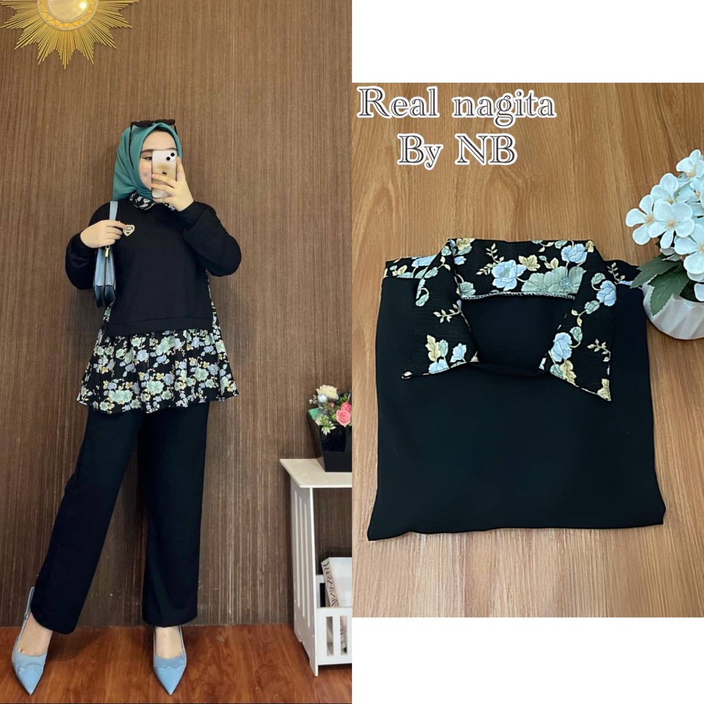 Nagita Flower - One Set Wanita Crinkle Airflow Premium Setelan Wanita Lengan 7/8 Set Baju Celana Kekinian LD 110 cm