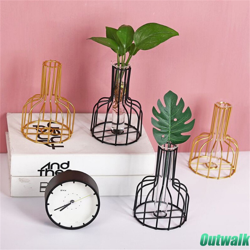 Vase Dekorasi Rumah Modern Karangan Bunga Meja, Gaya Nordic Transparan Vas Kaca Geometris Besi Tabung Uji Tanaman Logam
