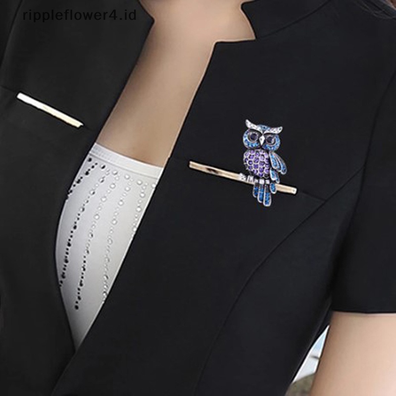 {rippleflower4.id} Fashion Halus Burung Hantu Bros Trendi Paduan Seng Berlian Imitasi Bros Lencana Pin Baru~