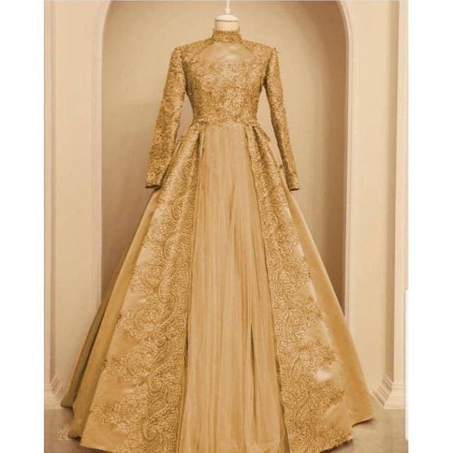 baju pesta mewah gamis nuraini gold kubus XXL brukat gaun nur ta
