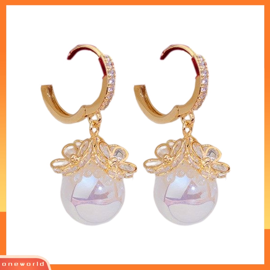 [WOD] 1pasang Menjuntai Anting Berlian Imitasi Mengkilap Inlay Mutiara Imitasi Liontin Gaun Elegan Paduan Perhiasan Wanita Bunga Hoop Drop Earrings Perhiasan Pesta Pernikahan