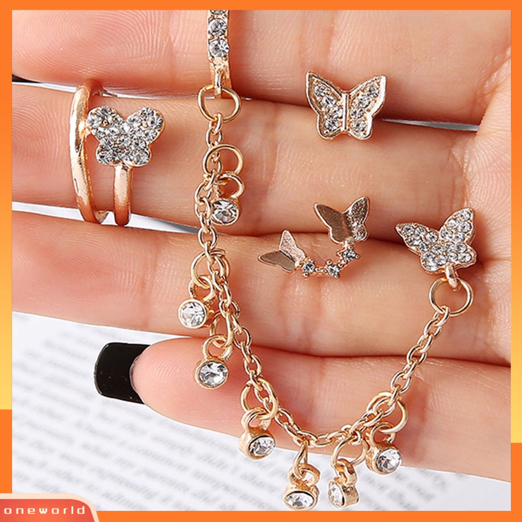 [WOD] 4pcs /Set Lady Stud Earrings Set Bentuk Kupu-Kupu Rantai Alloy Pengerjaan Yang Baik Menjuntai Earrings Set Untuk Pakaian Sehari-Hari