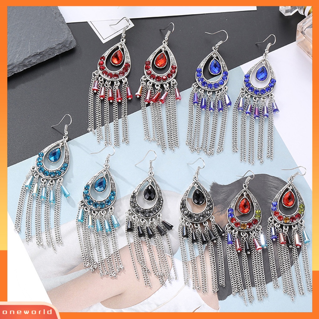 [WOD] 1pasang Anting Lady Bentuk Tetesan Air Rumbai Berlian Imitasi Vintage Drop Earrings Untuk Pakaian Sehari-Hari