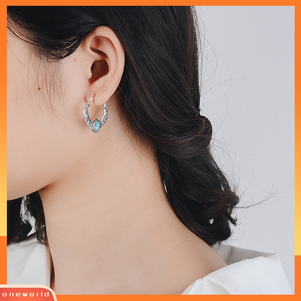 [WOD] Vintage Wanita Faux Turquoise Hias Bulu Menjuntai Hoop Earrings Perhiasan Hadiah