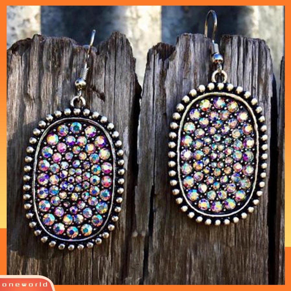 [WOD] Vintage Lady Multicolor Berlian Imitasi Hias Oval Menjuntai Kait Anting Perhiasan Hadiah