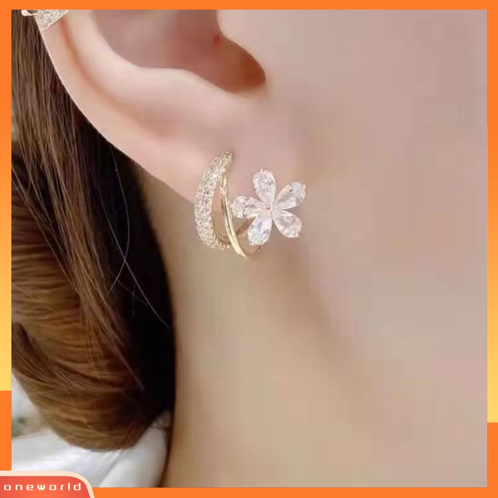 [WOD] 1pasang Anting Wanita Berlian Imitasi Mengkilap Hias Indah Bentuk Bunga Lady Hoop Earrings Aksesori Perempuan