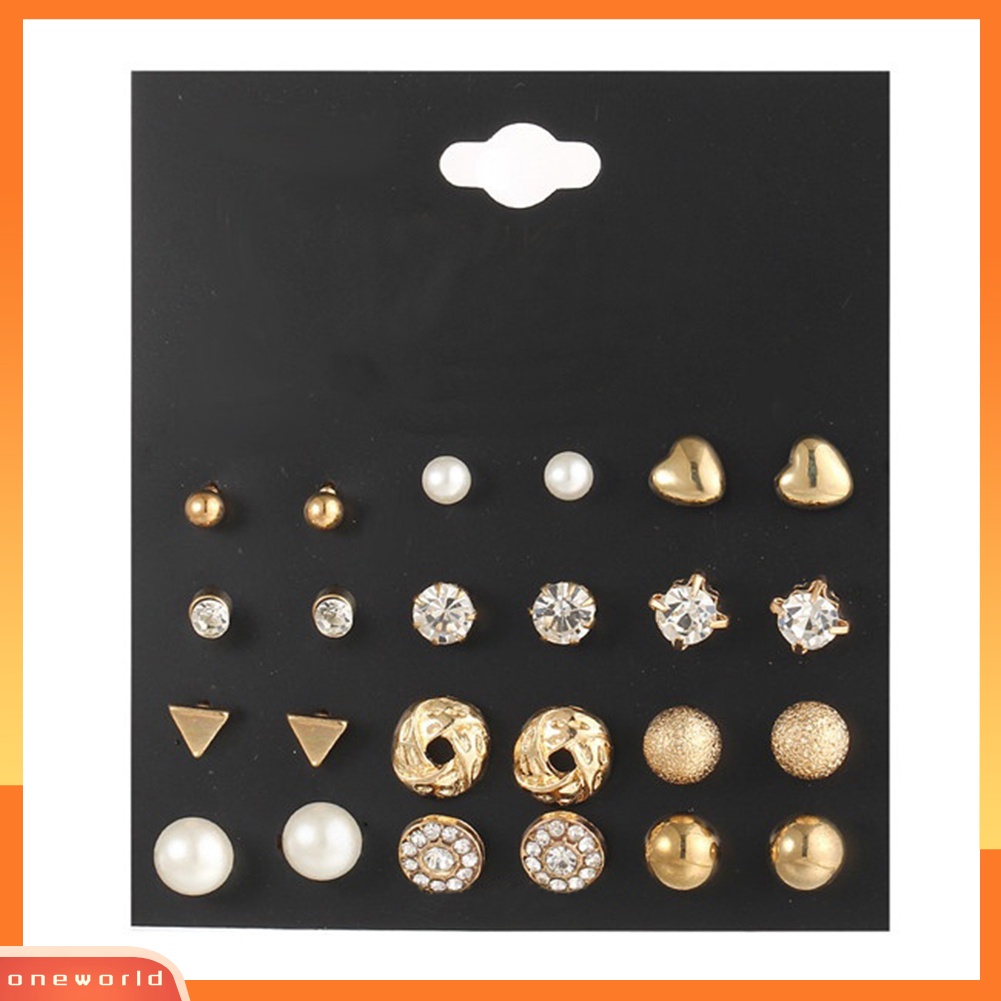 [WOD] 12pasang /Set Mutiara Imitasi Hati Cinta Mahkota Segitiga Stud Earring Lady Jewelry