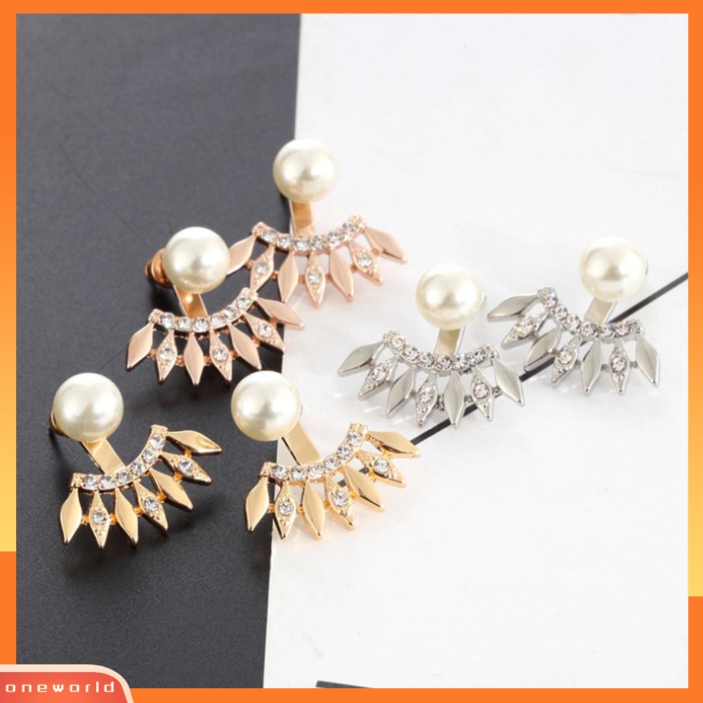 [WOD] Fashion Wanita Berlian Imitasi Mutiara Imitasi Bentuk Kipas Telinga Jaket Anting Perhiasan Hadiah