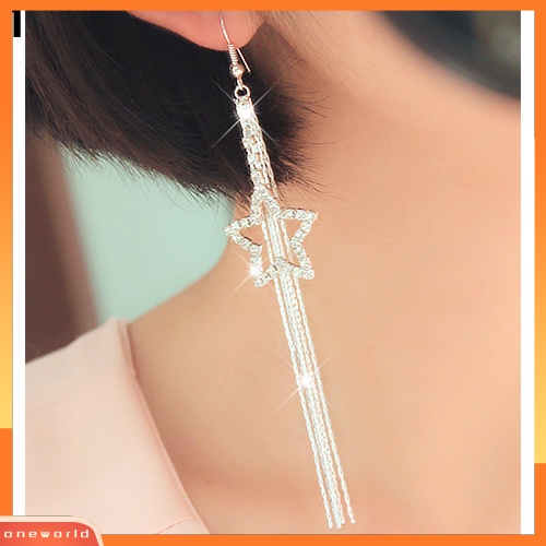 [WOD] Berlian Imitasi Wanita Pentacle Star Drop Jumbai Panjang Rantai Kait Menjuntai Anting Linear