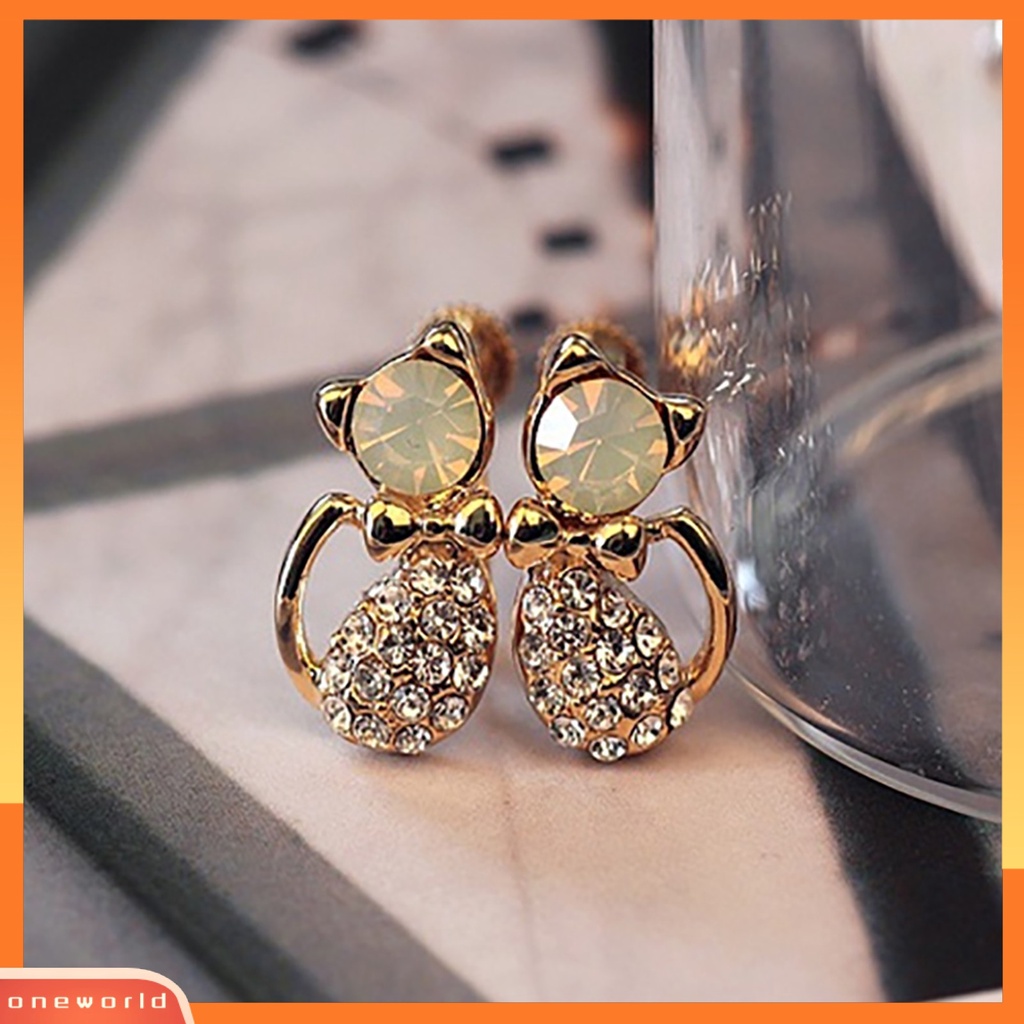 [WOD] 1pasang Wanita Lucu Bentuk Kucing Berlian Imitasi Stud Earrings Ear Studs Jewelry Charm Untuk Pesta Club