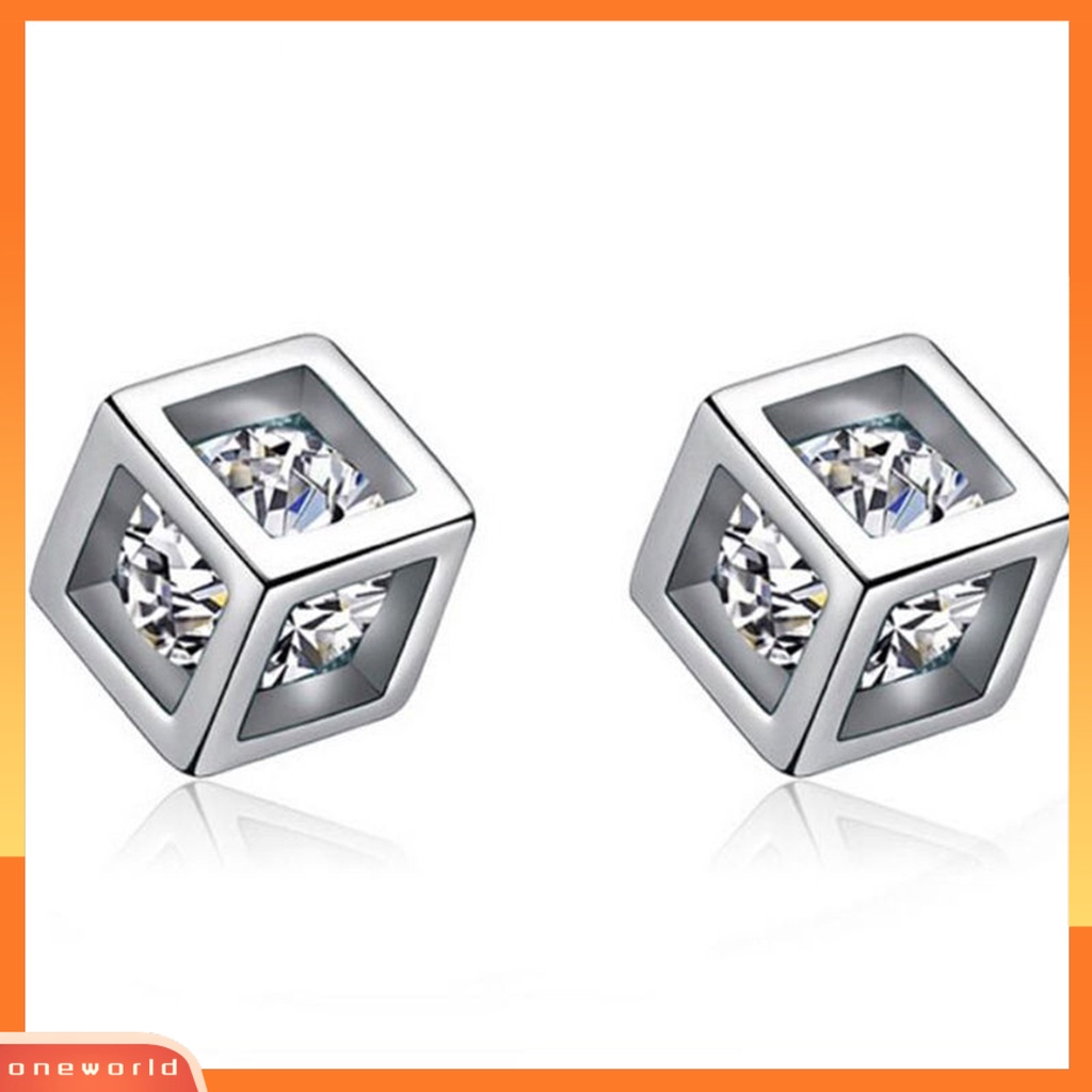 [WOD] Pengantin Perak Disepuh Persegi Magic Cube CZ Stud Anting Wanita Perhiasan Pesona Hadiah