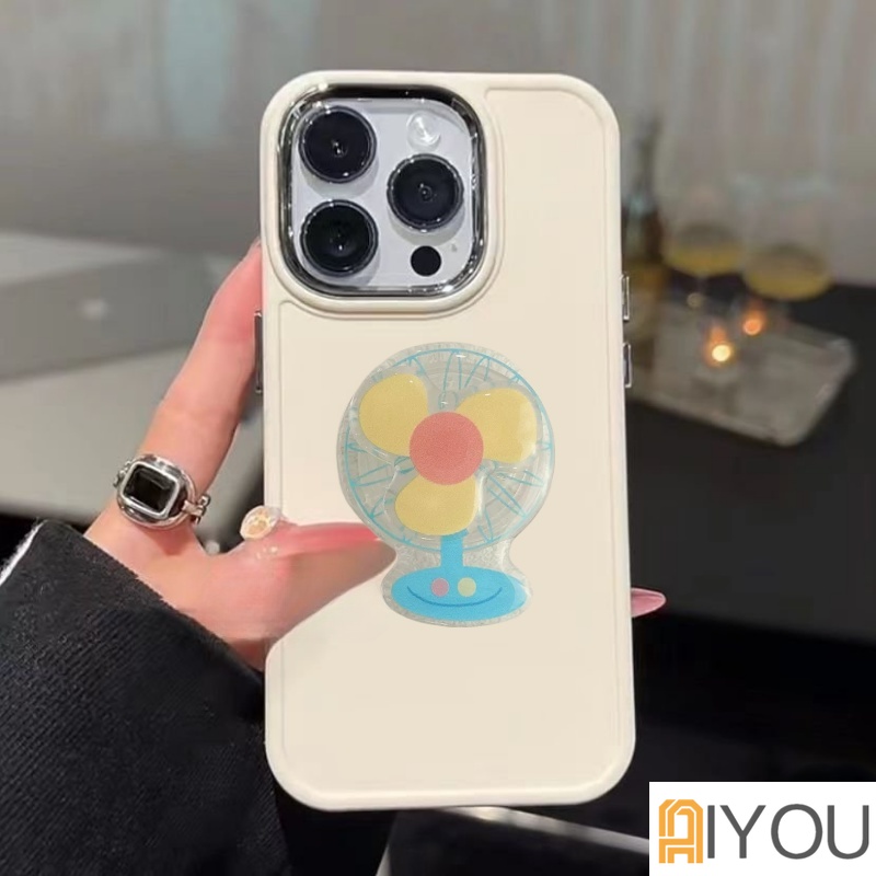 Lucu 3D Dapat Berputar Kipas Bracket Phone Grip Tok Griptok Korea Holder Ring Untuk iPhone 14 13 12 11 Pro Max Dengan Lensa Plating Tombol Lembut TPU Belakang Shockproof Cover