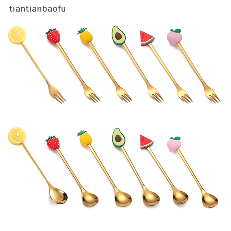 [tiantianbaofu] Stainless Steel Sendok Garpu Kartun Buah Macaron Dessert Spoons Fruit Forks Anak Set Aksesoris Dapur Butik