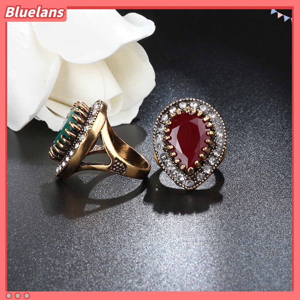 [BLS] Antik Teardrop Resin Berlian Imitasi Mengkilap Bertatahkan Jari Cincin Wanita Perhiasan Hadiah