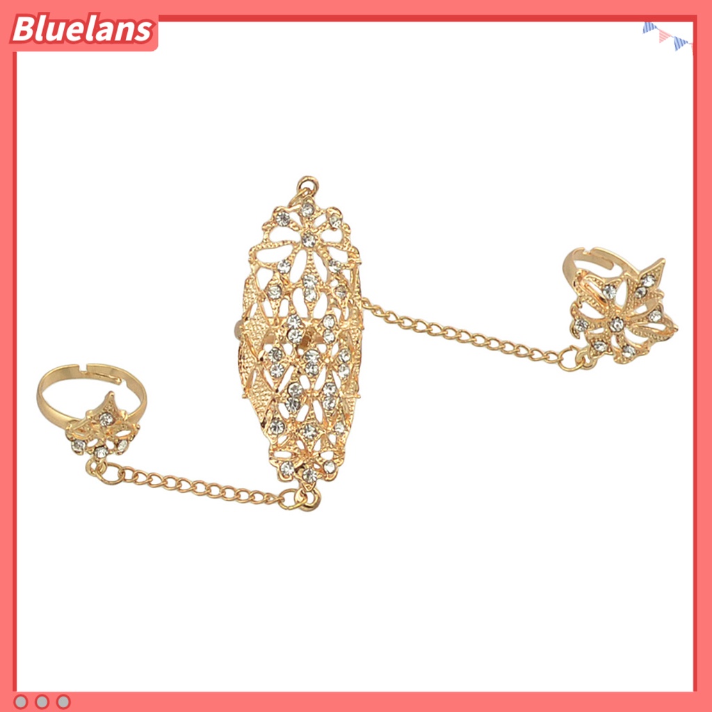 [BLS] Cincin Pembukaan Berlian Imitasi Tertanam Alloy Warna Emas Berlubang-out Leaf Dual Finger Chain Ring Untuk Pacaran