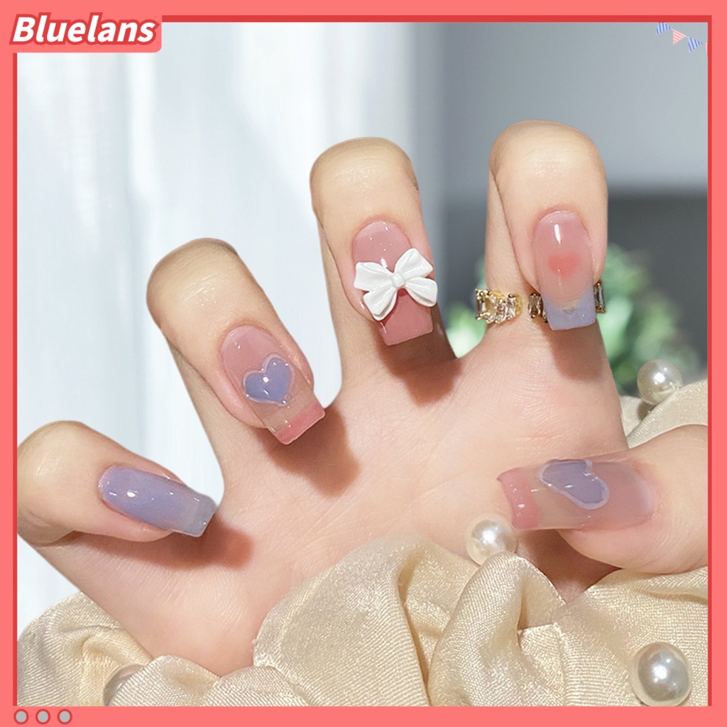 [BLM] 1set Kuku Buatan Penutup Penuh Gloss Tinggi Tahan Luntur DIY Mempesona Efek Visual Removable Bow Heart Fake Nail Dengan Lem Kuku Salon Supply