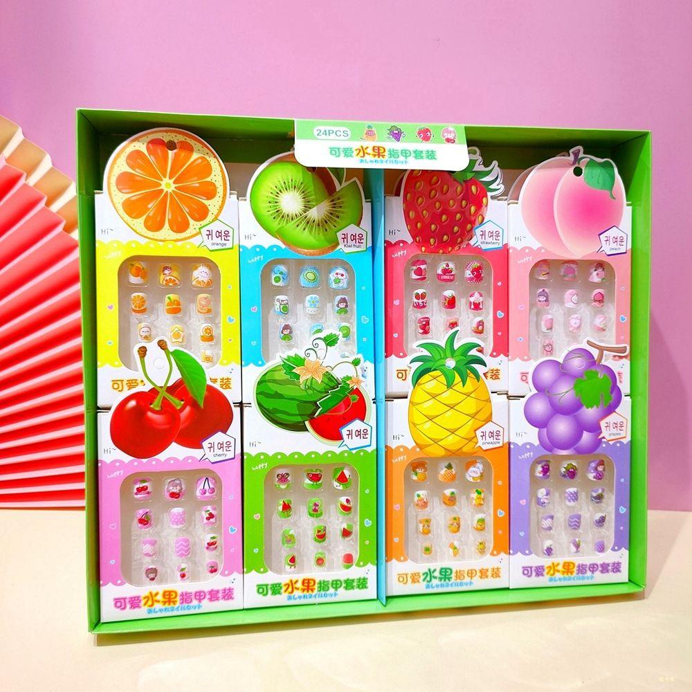 12pcs / Box Kuku Palsu Full Cover Motif Buah Nanas Dapat Dilepas Untuk Anak