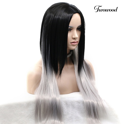 Twowood Wanita Seksi Panjang Lurus Wig Rambut Tahan Panas Hitam Ombre Abu Wig Pesta