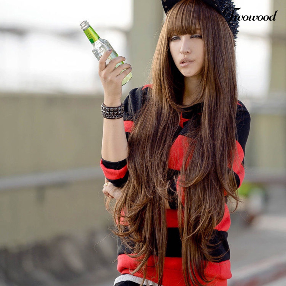 Twowood Wanita 80cm Fashion Panjang Keriting Bergelombang Gaya Cosplay Wig Rambut Penuh Dengan Poni Rapi