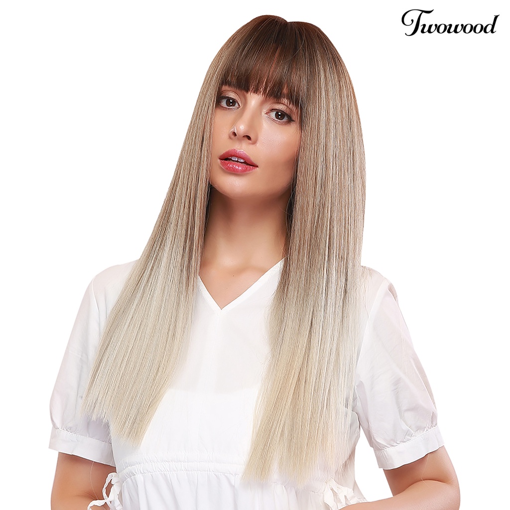 Wig Twowood Wanita 24inch Tahan Panas Panjang Lurus Rambut Alami Sintetis Dengan Bang