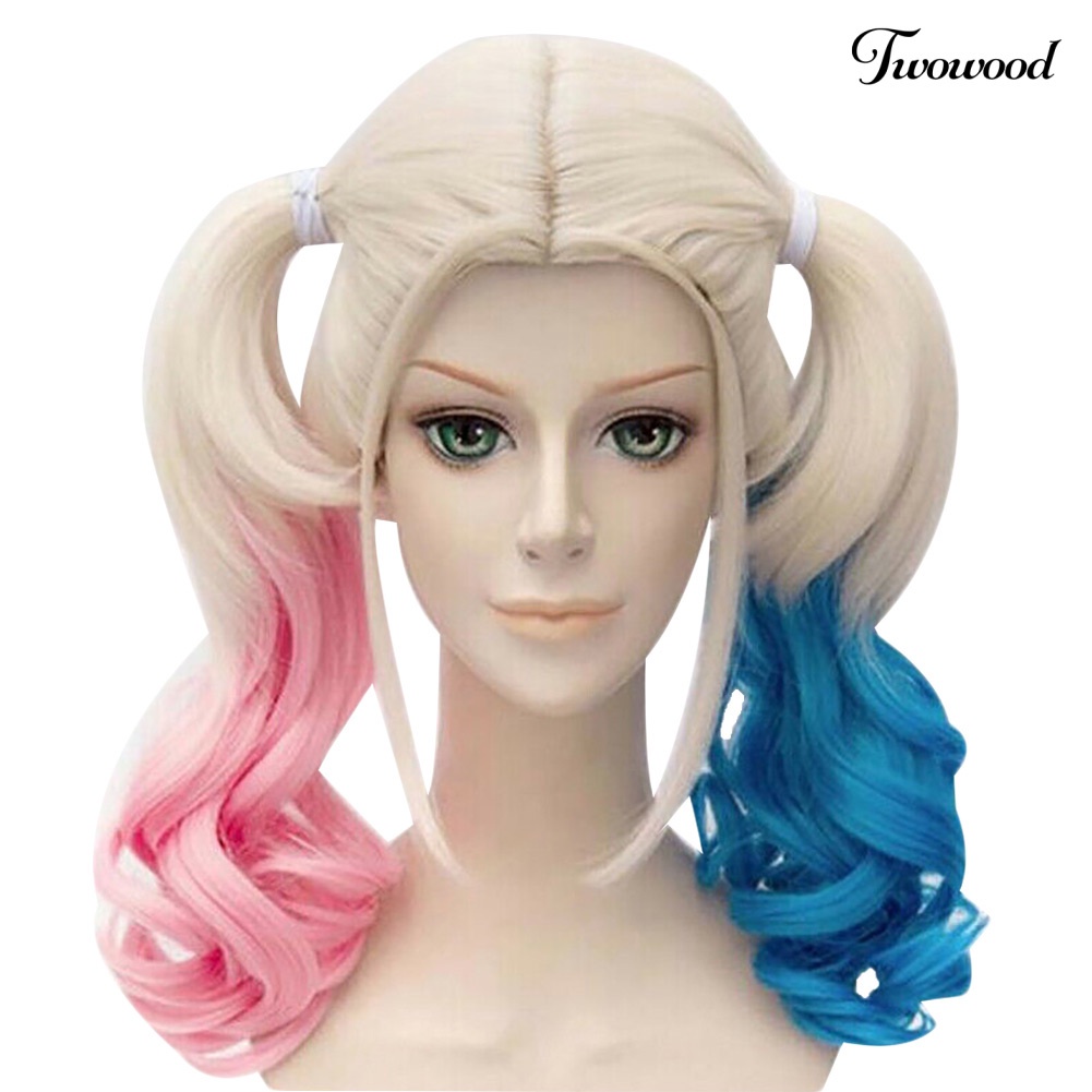 Twowood Suicide Squad Quinn Cosplay Wanita Pink Biru Gradien Keriting Panjang Wig Sopak