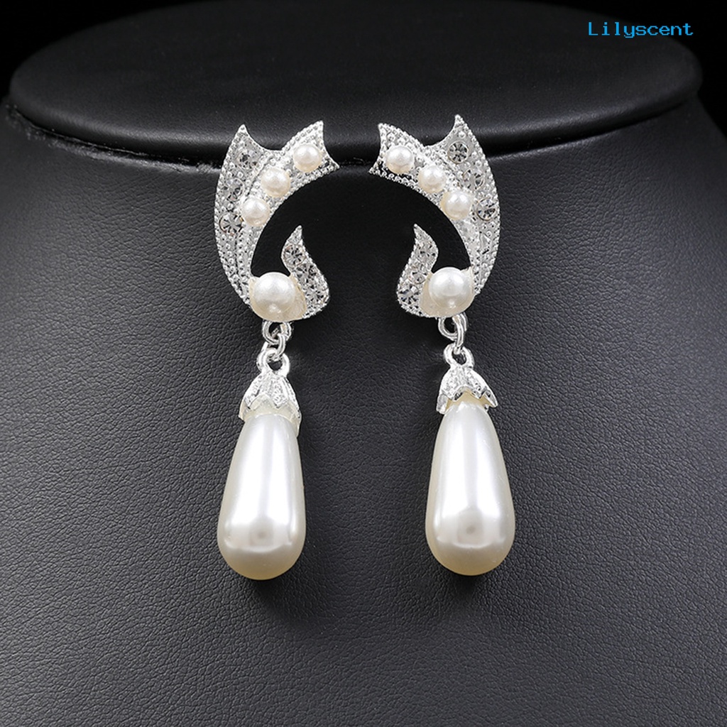 [LS]1 Set Wanita Anting High Gloss Electroplating Shiny Extension Rantai Eye-catching Dekorasi Cantik Berlian Imitasi Mutiara Imitasi Kalung Perhiasan Aksesori