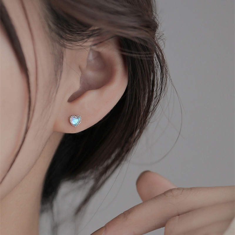 Anting Perak Hati Moonstone Y2K Kristal Stud Earring Untuk Wanita Fashion Perhiasan Aksesoris