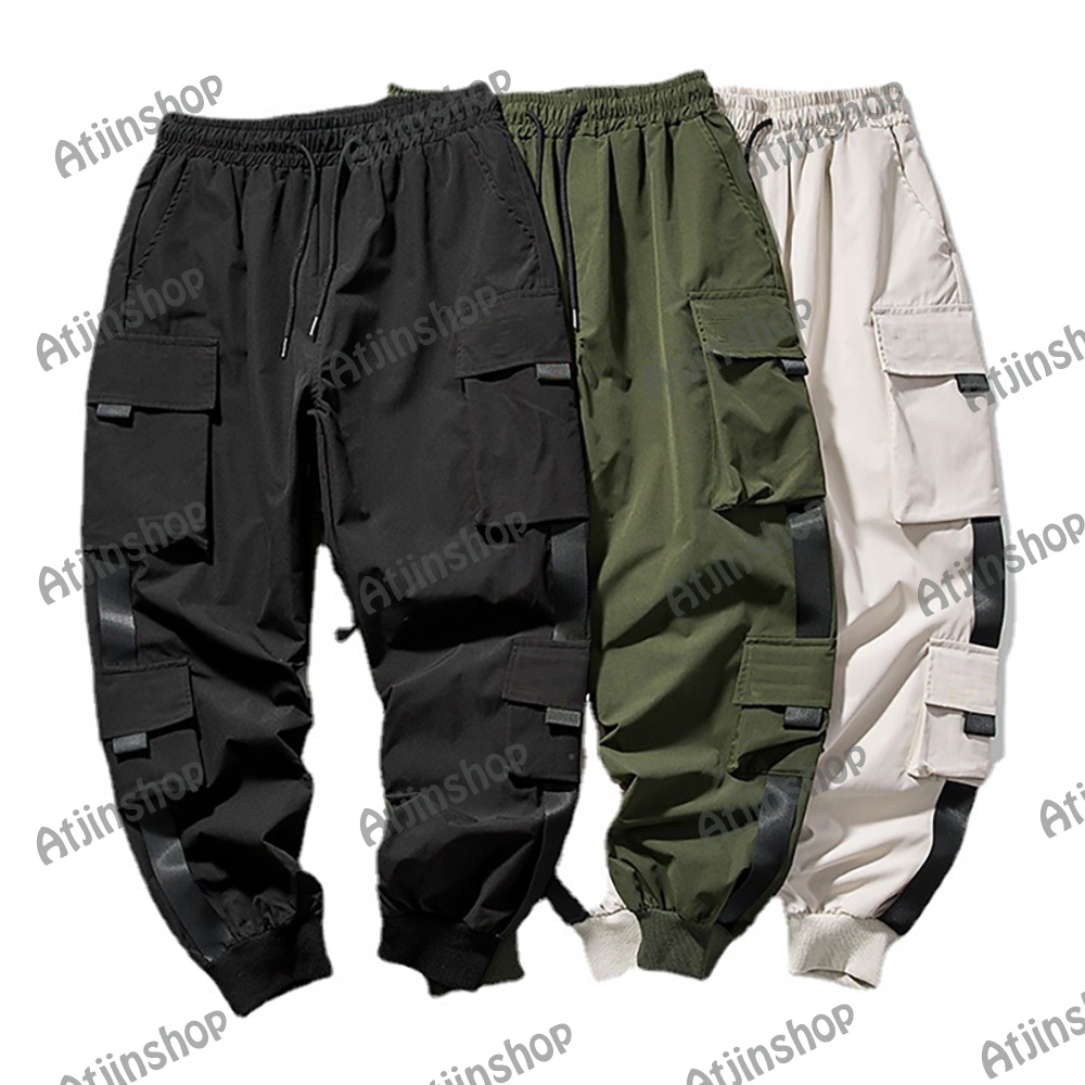 Foratjin- Celana Panjang Joger Jogger Hiphop Style Kargo Katun Stretch Lembut [ Hitam-Hijau-Krem]