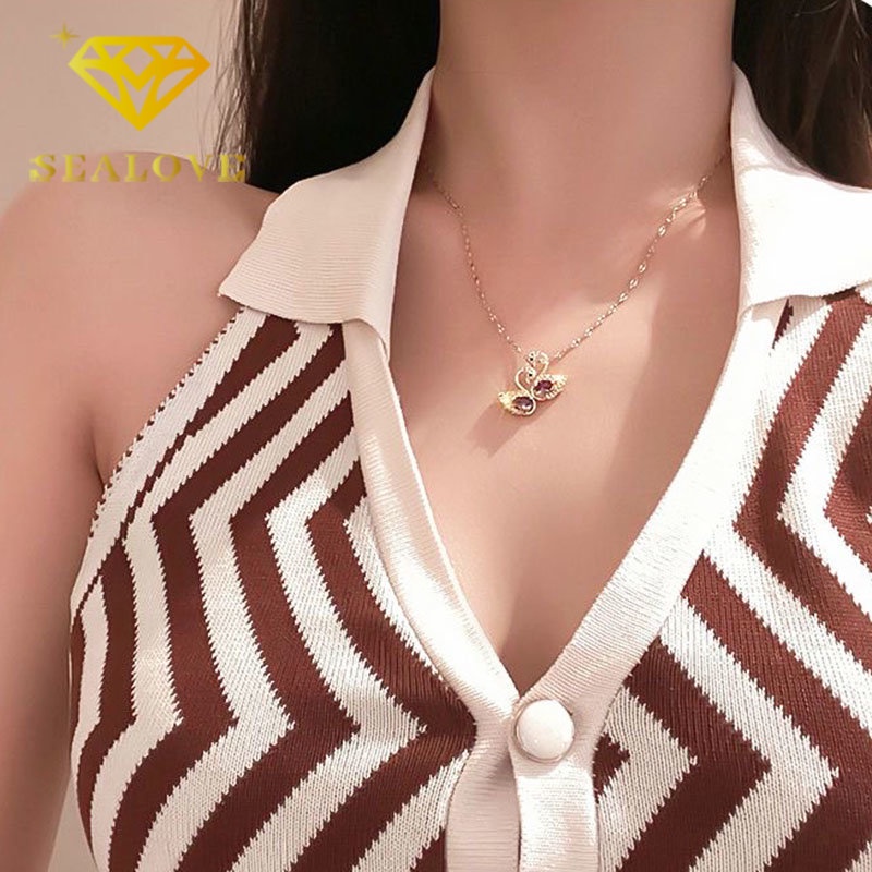 Kalung Titanium Swan Angsa Kristal Ungu Berlian Emas 18K Anti Karat Mewah Elegan Korea Aksesoris Wanita Perhiasan