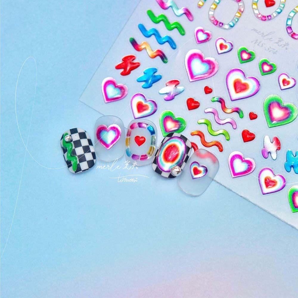 AUGUSTINA Agustina Stiker Kuku Warna-Warni Fashion Nail Art Motif Love Hati Bronzing Stiker Jelly Stiker Hiasan Kuku Untuk Wanita