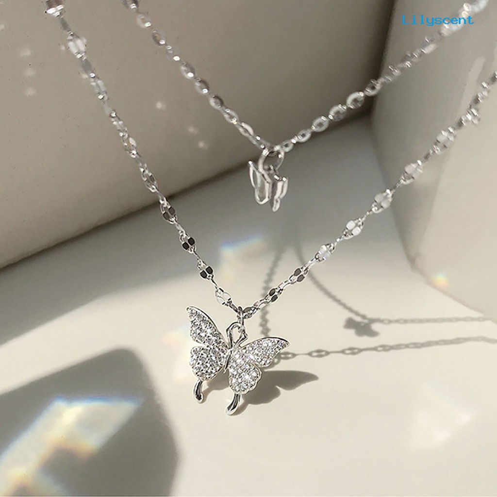 [LS]Butterfly Kalung Lapisan Ganda Tahan Karat Alloy Liontin Kupu-Kupu Kepribadian Fashion Rantai Klavikula Untuk Wanita