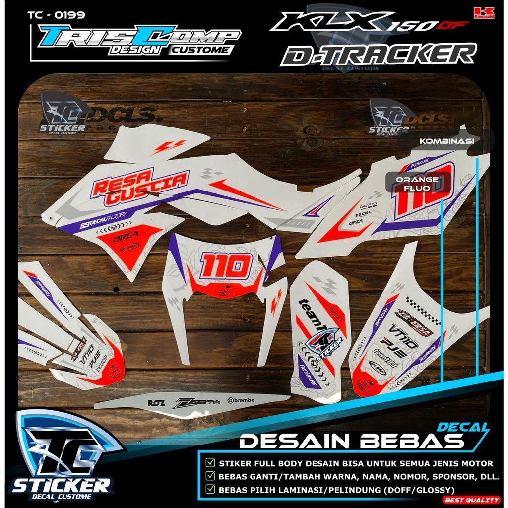 Sticker Kombinasi Decal KLX dtracker 150new Superglossy Tebal Kombinasi Orange Fluo Desain Custom Su